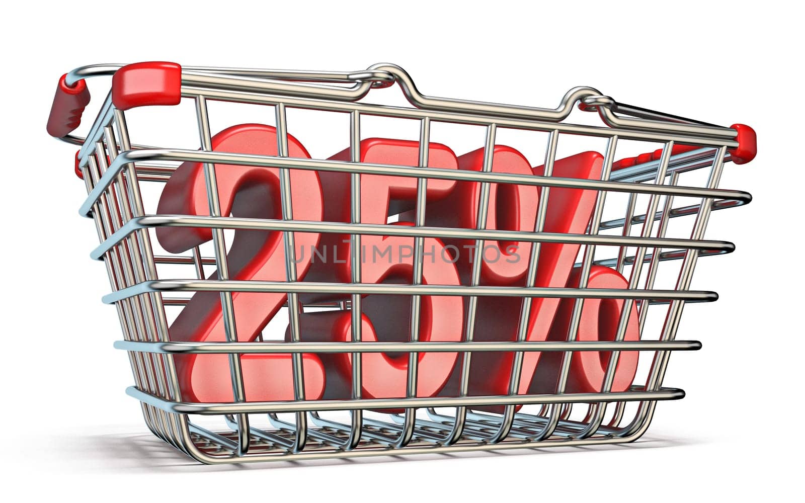 Steel shopping basket 25 PERCENT sign 3D render illustration isolated on white background