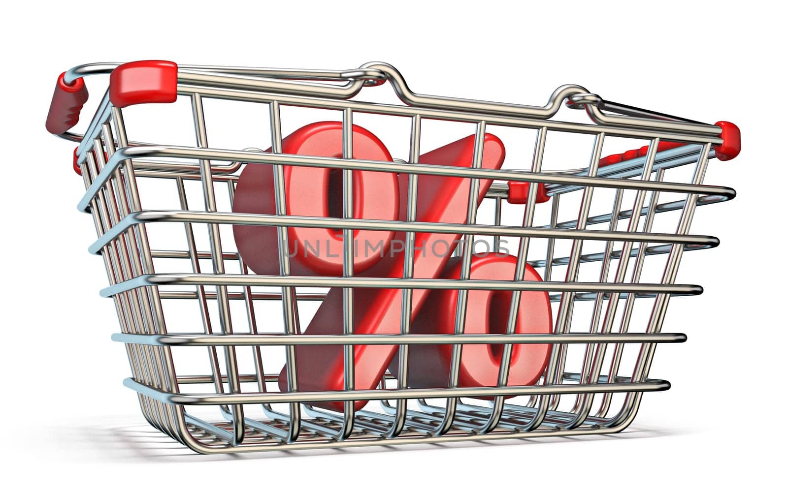 Steel shopping basket PERCENT sign 3D render illustration isolated on white background