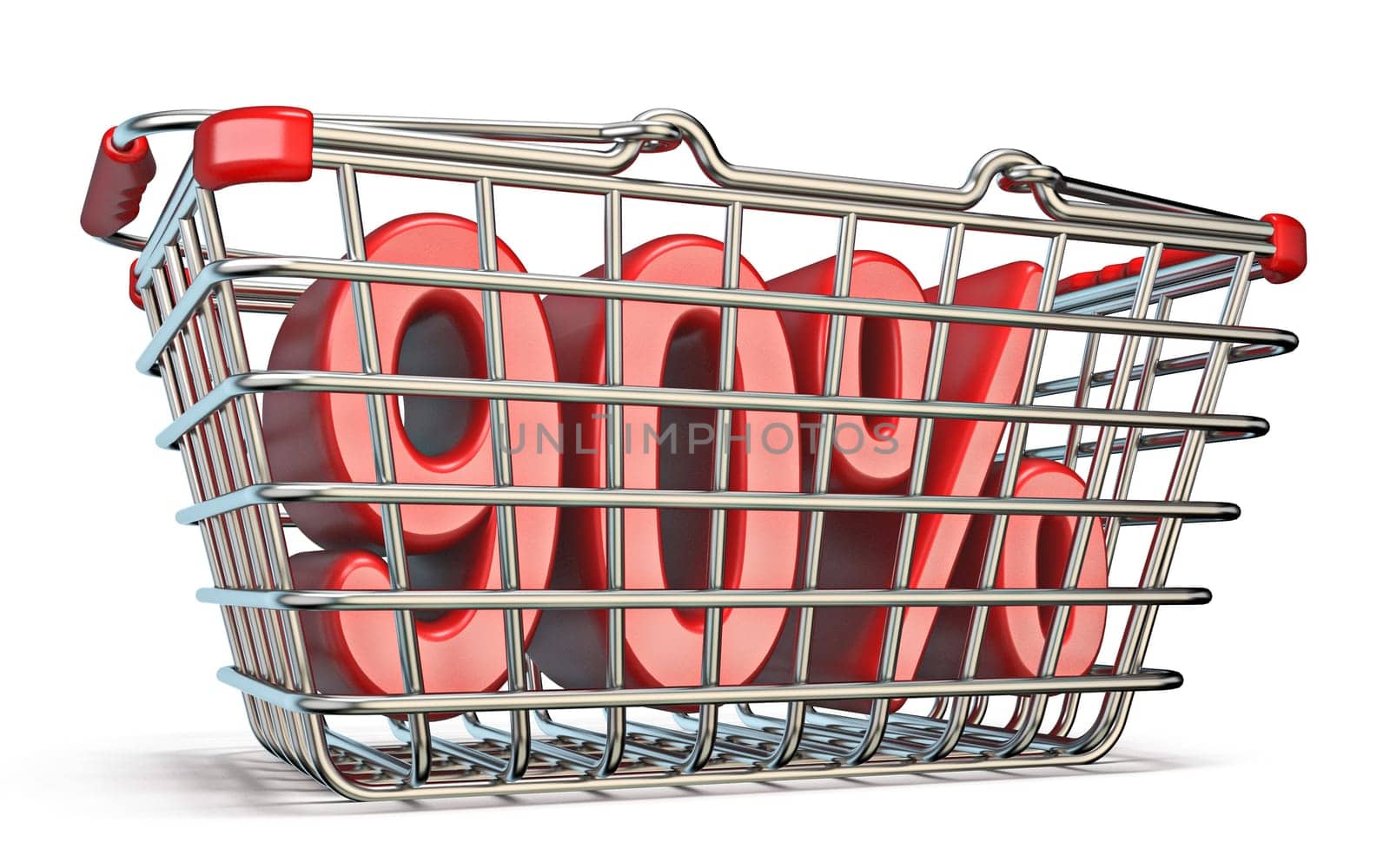 Steel shopping basket 90 PERCENT sign 3D render illustration isolated on white background