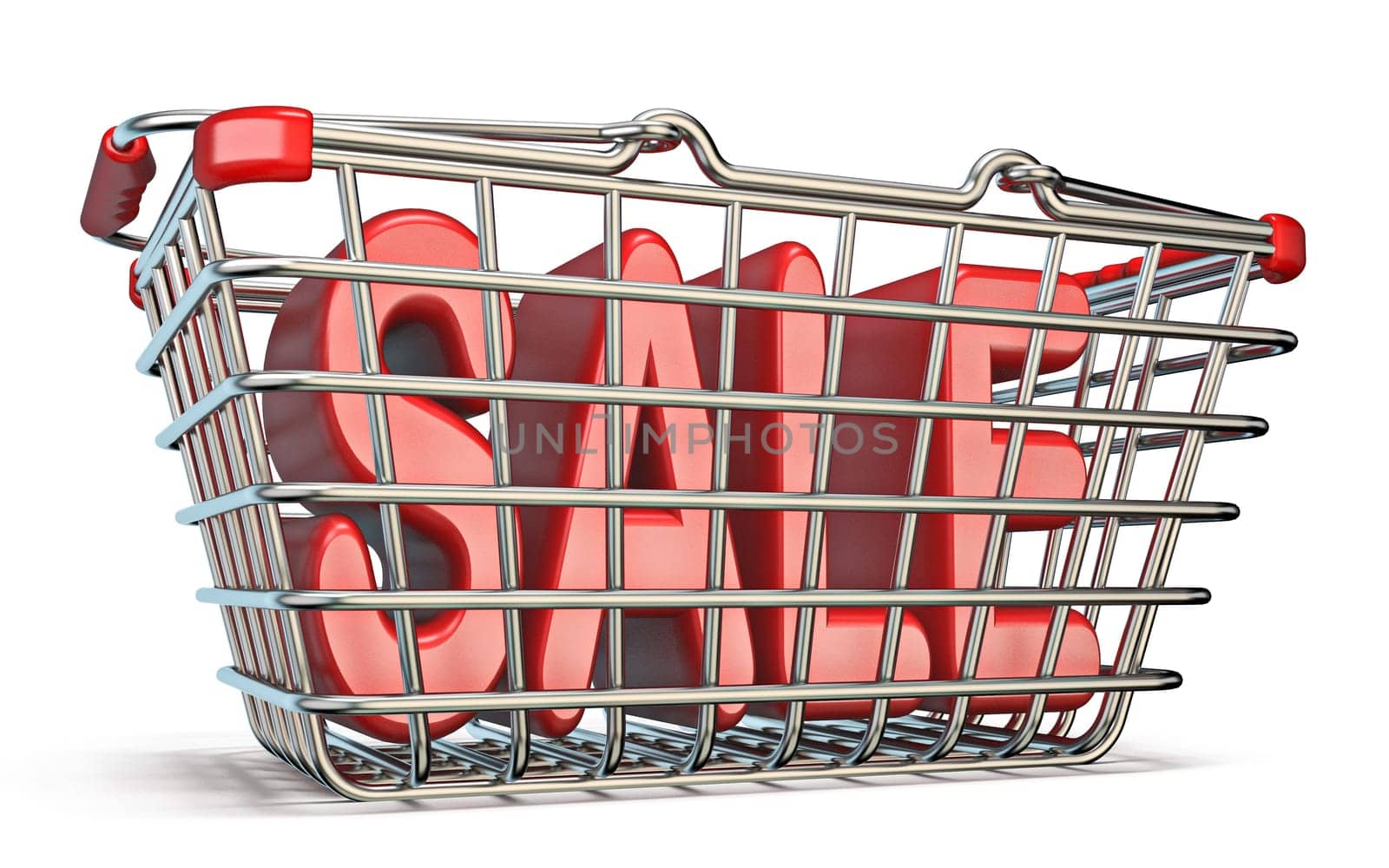 Steel shopping basket SALE sign 3D render illustration isolated on white background