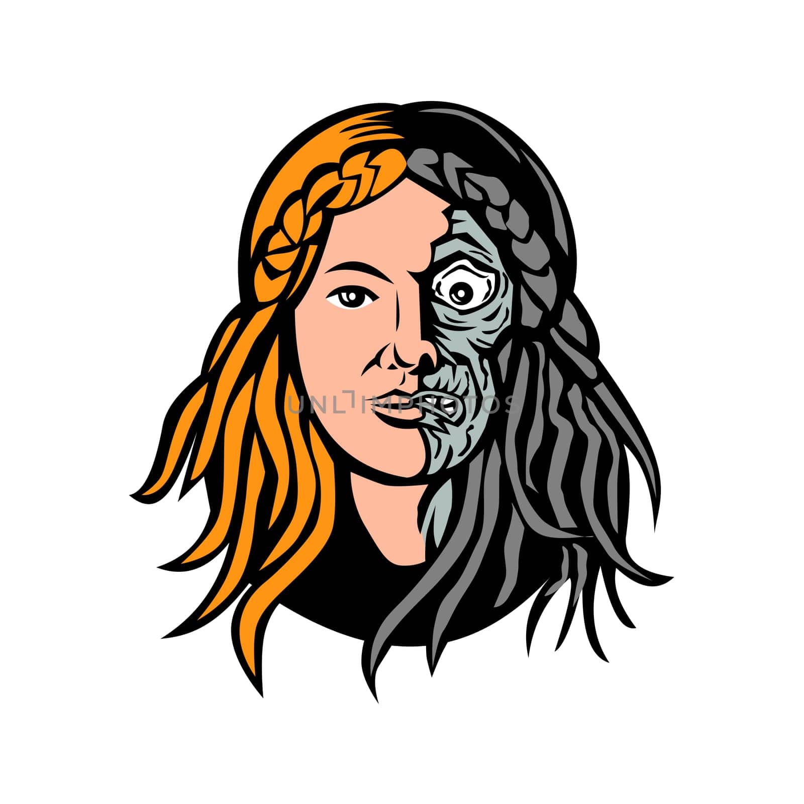 Mascot icon illustration of head of Hel, Norse goddess of death and the underworld, with face that is half flesh and half bones or skeleton viewed from front  on isolated background in retro style.