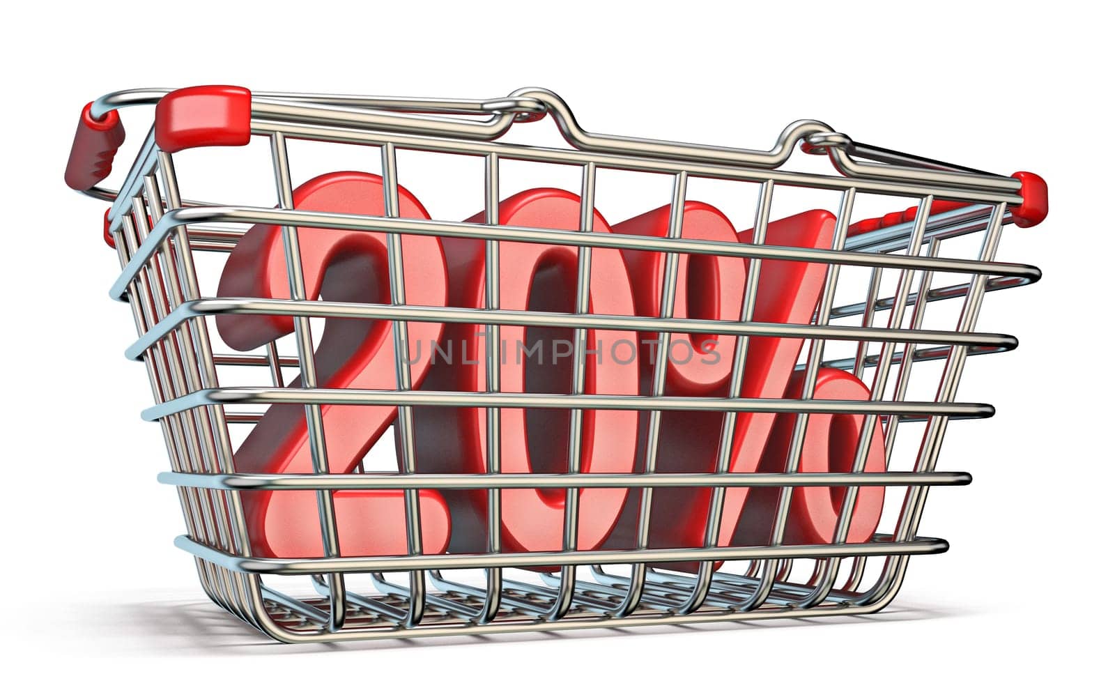 Steel shopping basket 20 PERCENT sign 3D render illustration isolated on white background