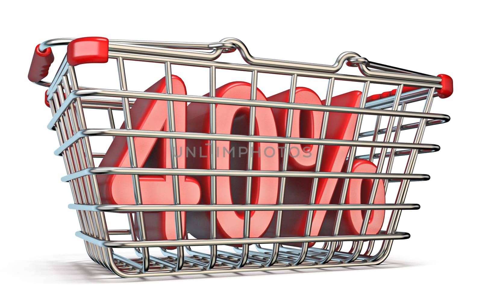 Steel shopping basket 40 PERCENT sign 3D render illustration isolated on white background