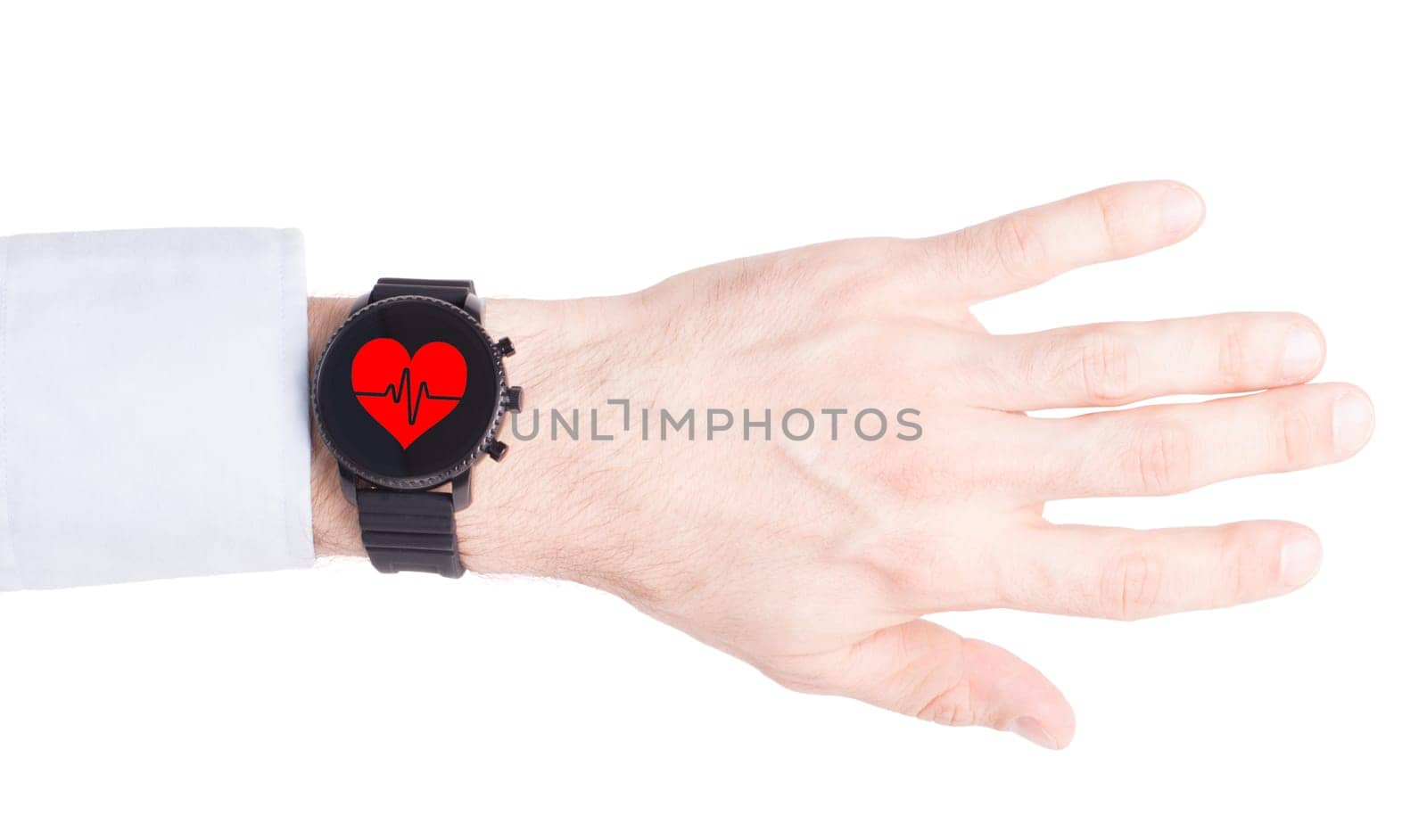 Black smartwatch isolated on a white background, heartbeat