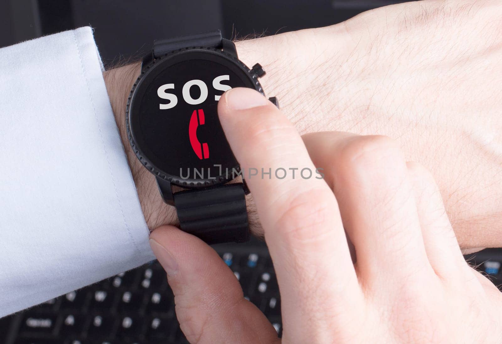 Black smartwatch isolated on a black background, SOS