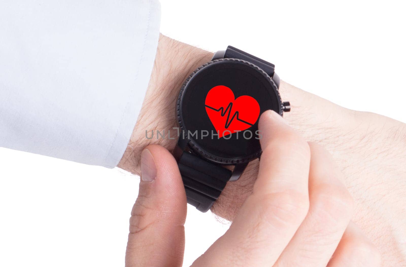 Black smartwatch isolated on a white background, heartbeat