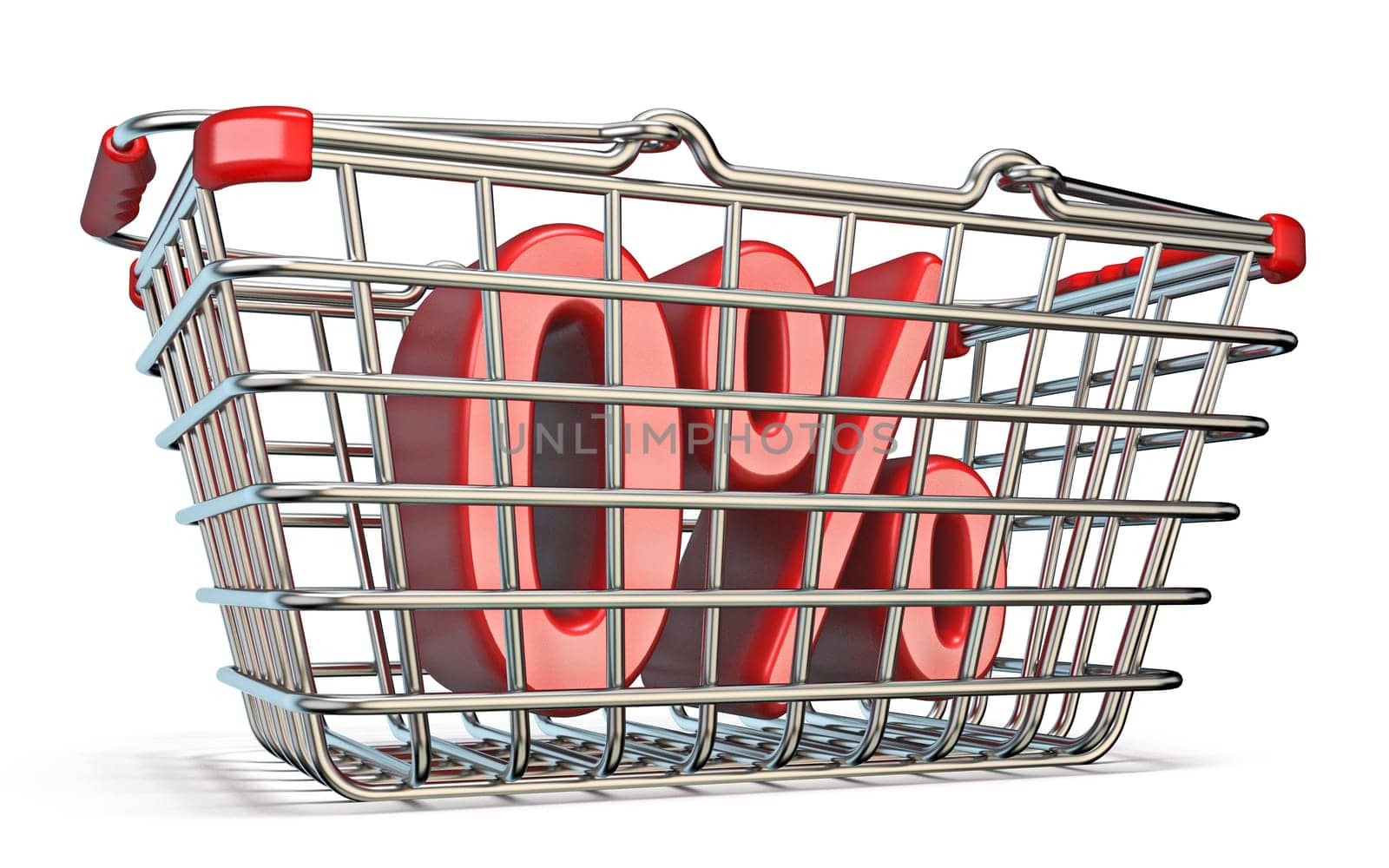 Steel shopping basket 0 PERCENT sign 3D render illustration isolated on white background