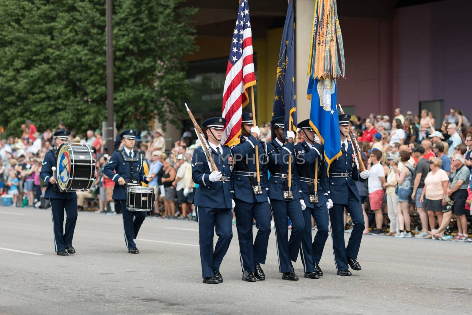 Indianapolis, Indiana, USA - May 26, 2018, Members of the US Air Force carry the American flag at the Indy 500 Parade