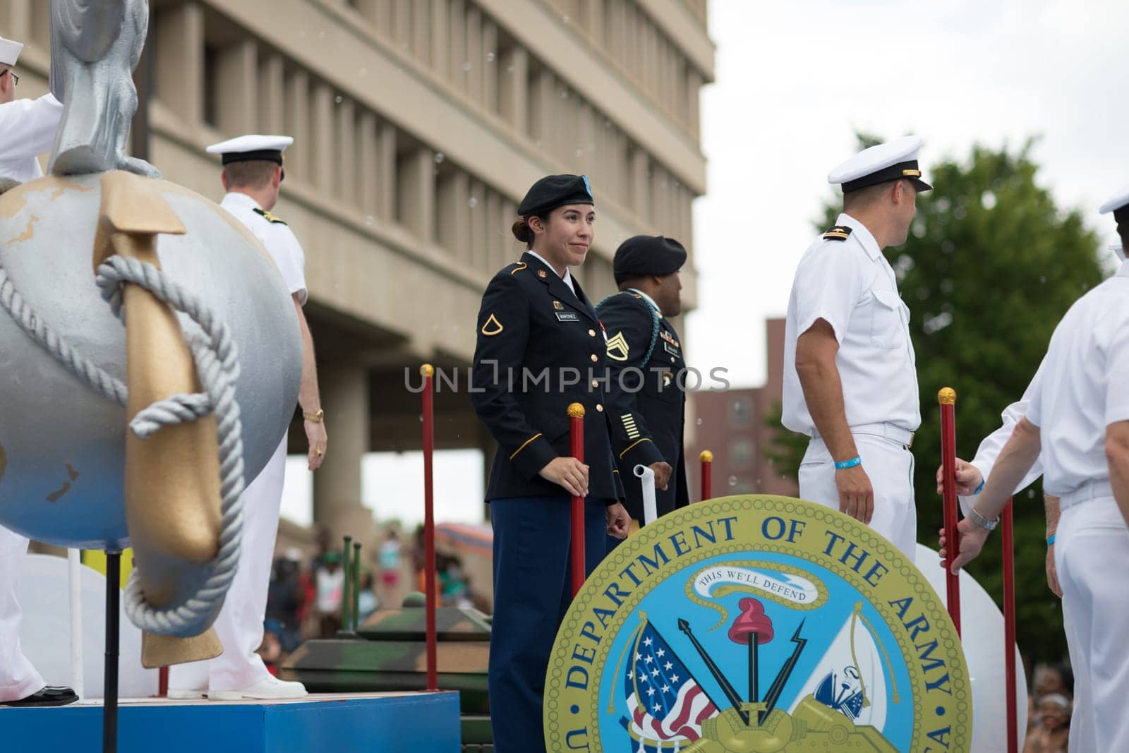 Indianapolis, Indiana, USA - May 26, 2018, Afloat carrying members of the US Military going down the street at the Indy 500 Parade