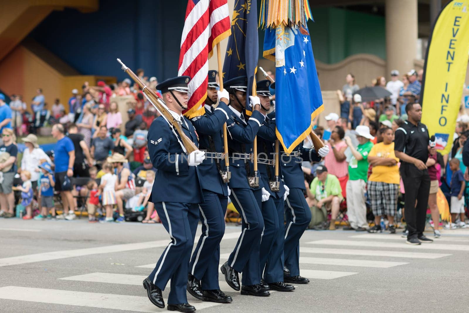 Indianapolis, Indiana, USA - May 26, 2018, Members of the US Air Force carry the American flag at the Indy 500 Parade