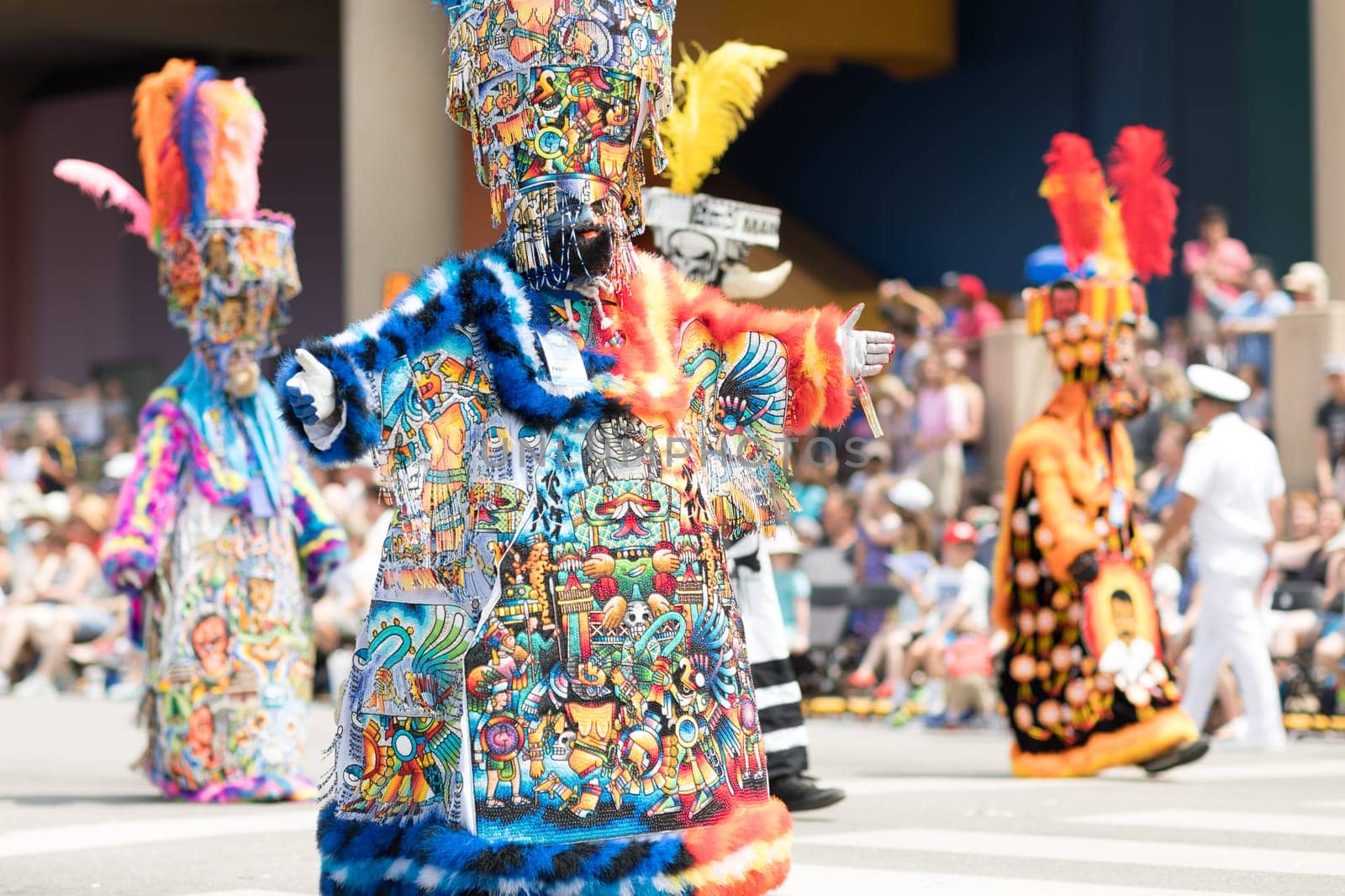 Indianapolis, Indiana, USA - May 26, 2018, Members of the Mexican themed dancing group, Ballet Folklorico Mosaicos, perform at the Indy 500 Parade