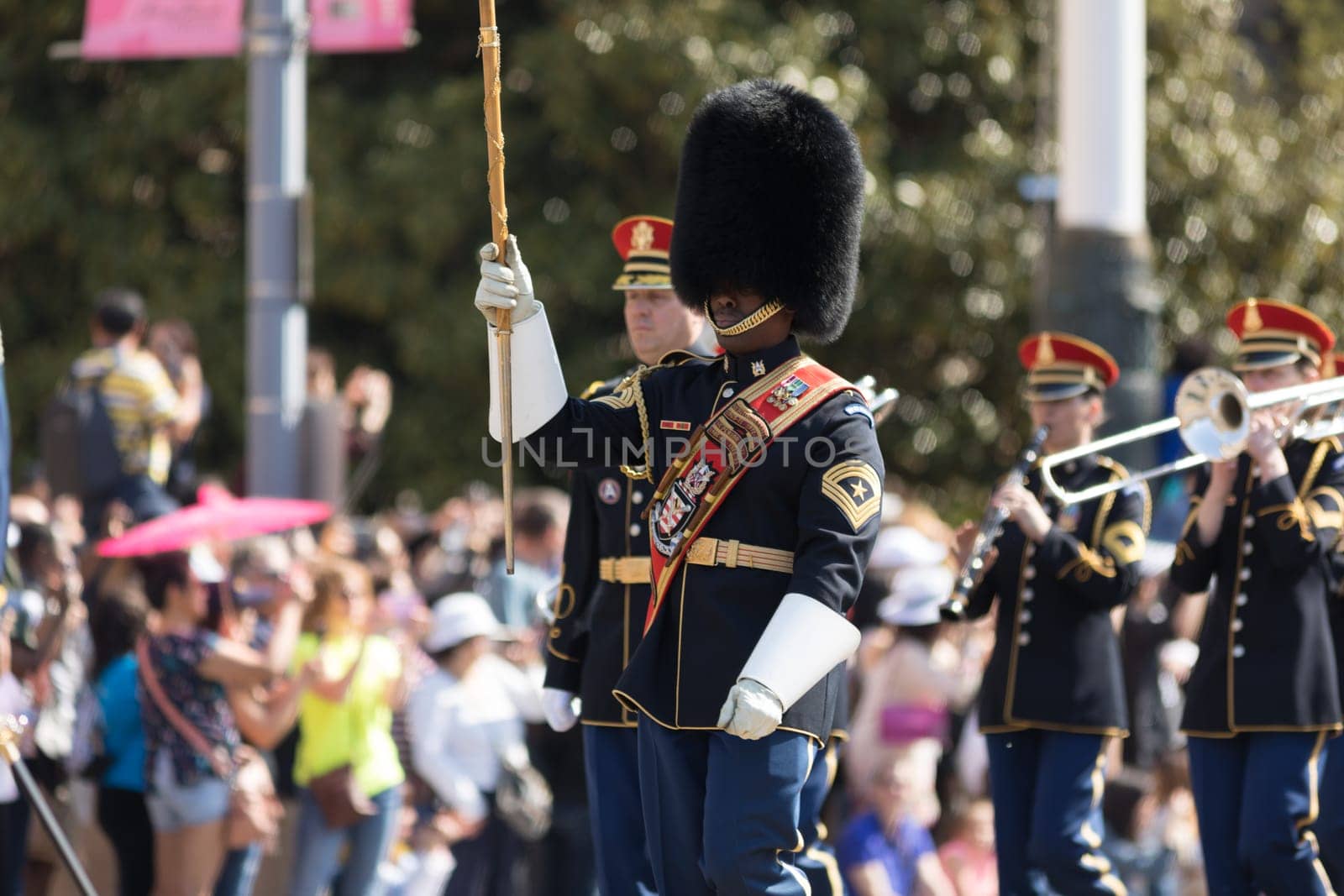 Washington, D.C., USA - April 14, 2018 Members of the USA military marching band in the 2018 National Cherry Blossom Parade
