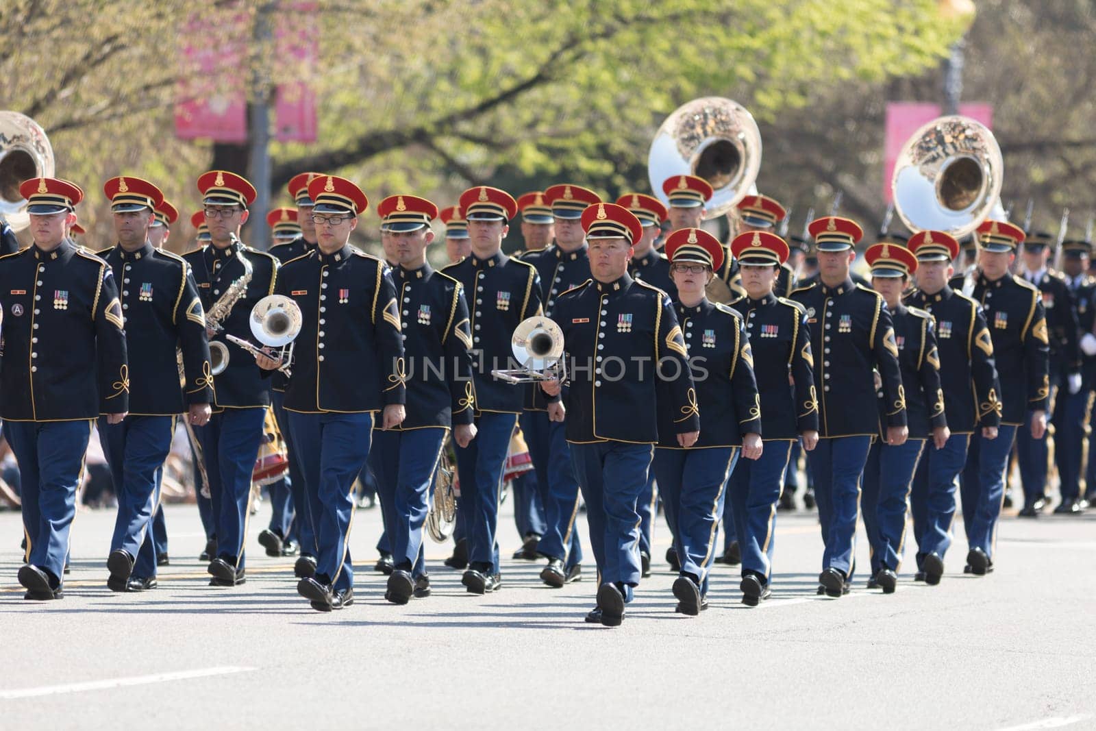 Washington, D.C., USA - April 14, 2018 Members of the USA military marching band in the 2018 National Cherry Blossom Parade