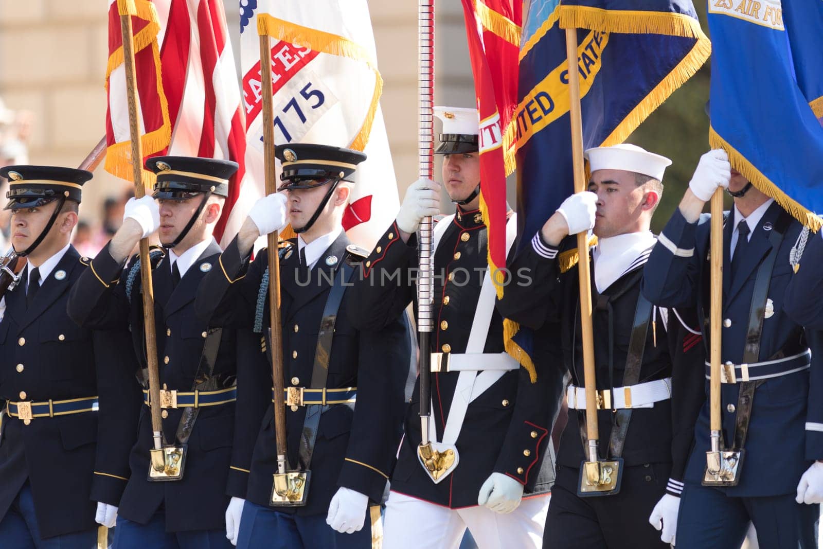 Washington, D.C., USA - April 14, 2018 Members of the USA military marching in the 2018 National Cherry Blossom Parade
