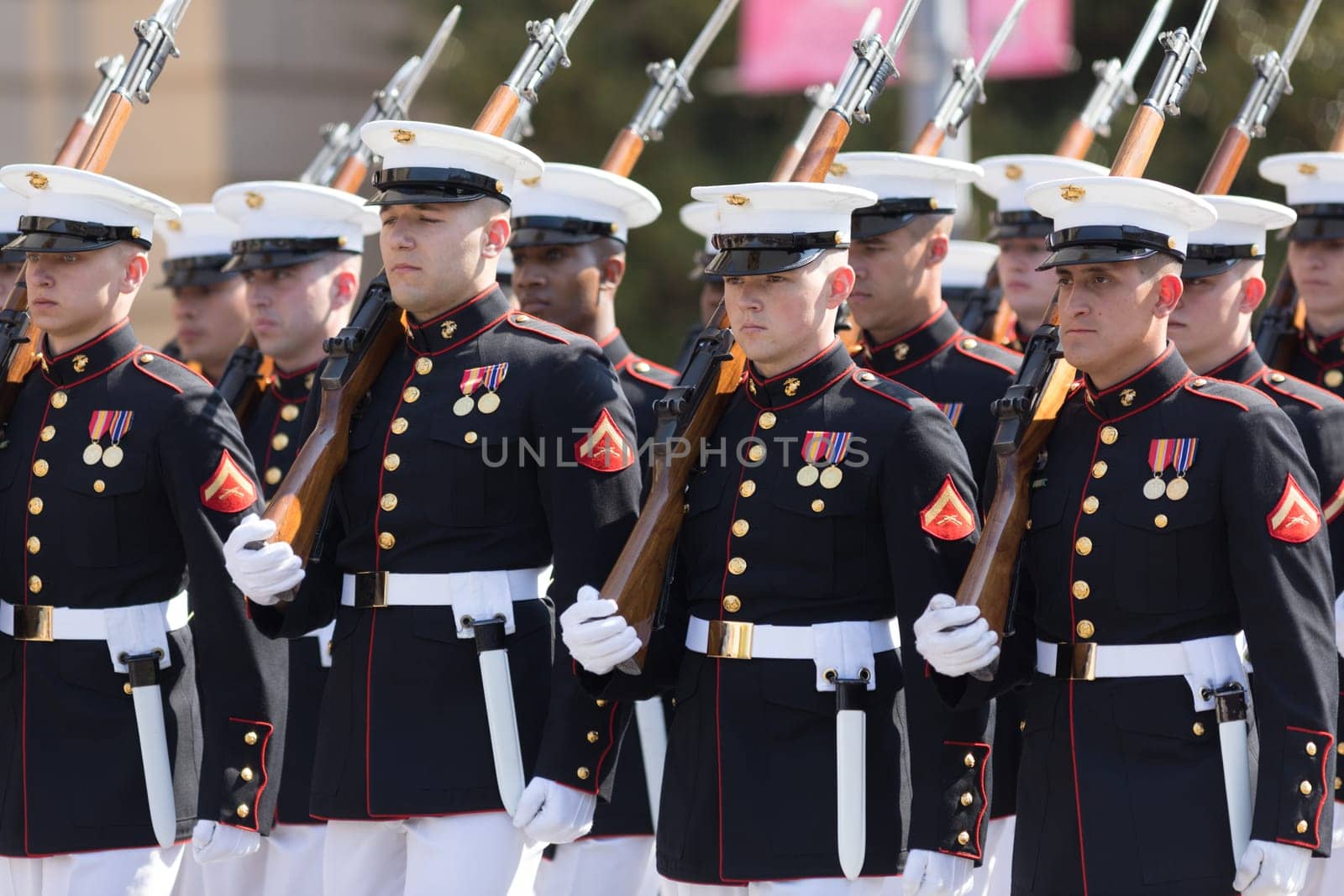 Washington, D.C., USA - April 14, 2018 Members of the USA military marching in the 2018 National Cherry Blossom Parade