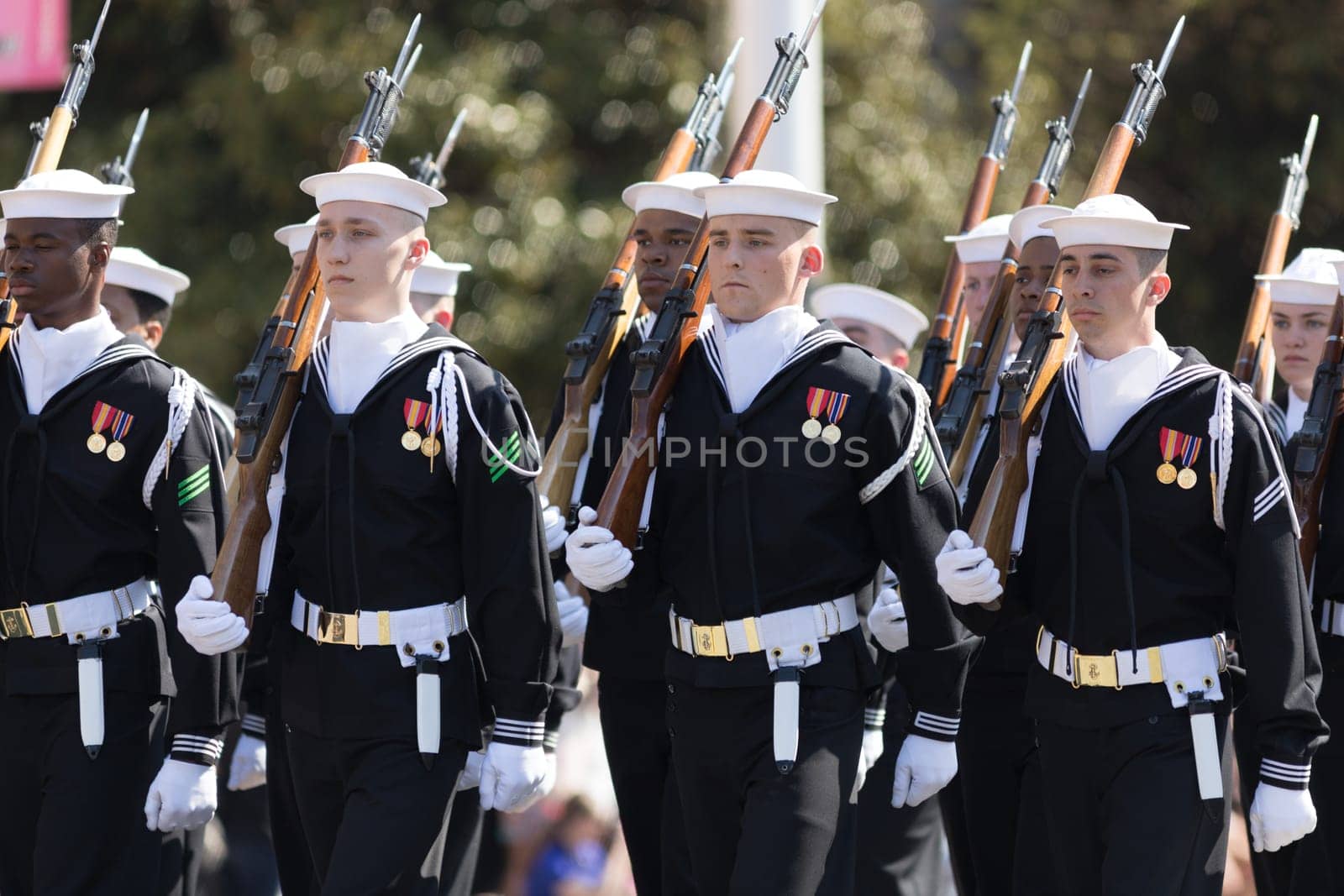 Washington, D.C., USA - April 14, 2018 Members of the USA military marching in the 2018 National Cherry Blossom Parade