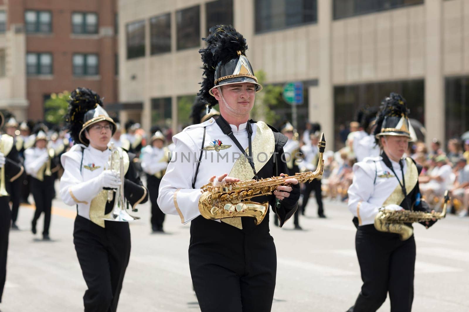 Indianapolis, Indiana, USA - May 26, 2018, Members of the Speedway High School Marching Band perform  at the Indy 500 Parade