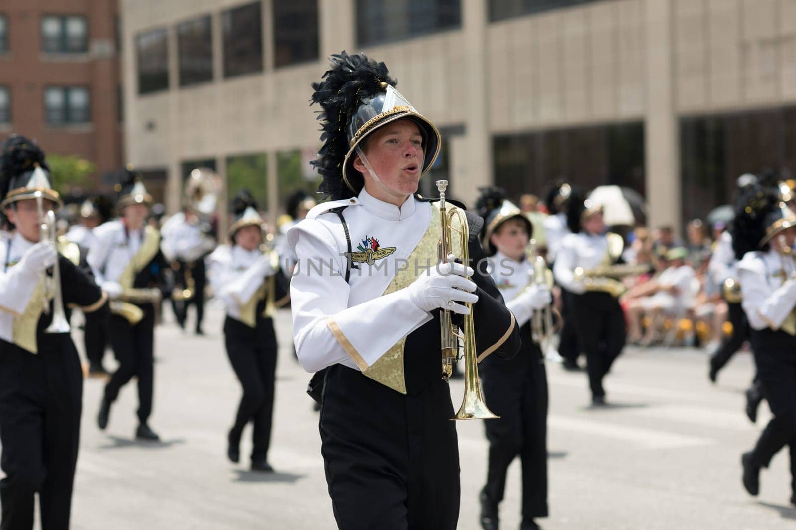 Indianapolis, Indiana, USA - May 26, 2018, Members of the Speedway High School Marching Band perform  at the Indy 500 Parade