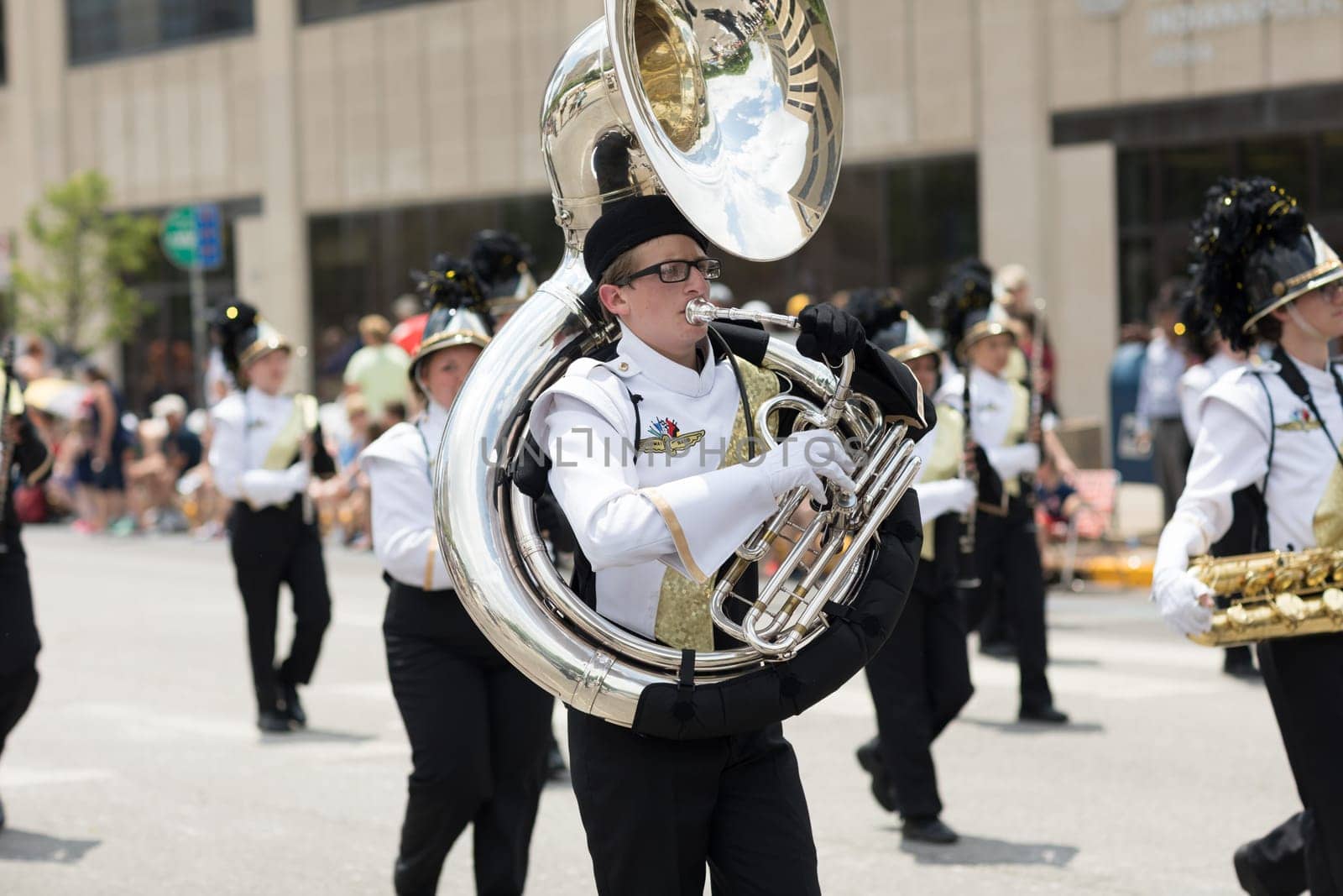 Indianapolis, Indiana, USA - May 26, 2018, Members of the Speedway High School Marching Band perform  at the Indy 500 Parade
