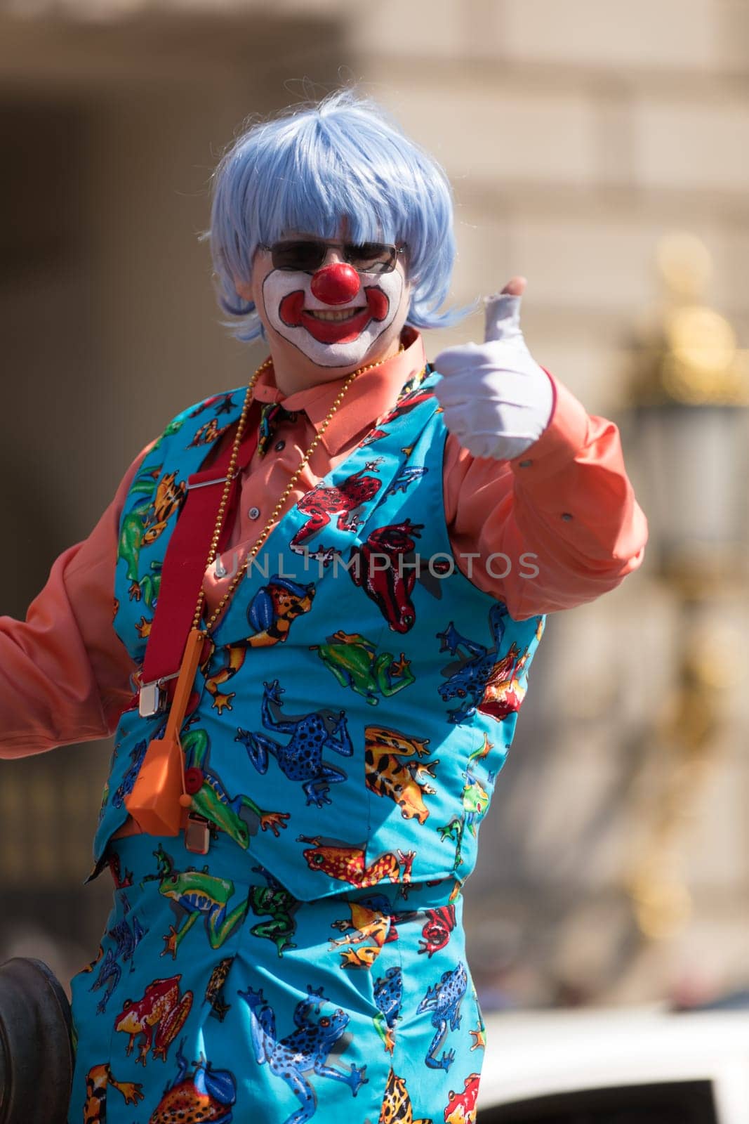 Washington, D.C., USA - April 14, 2018 Clowns going down the street in the 2018 National Cherry Blossom Parade