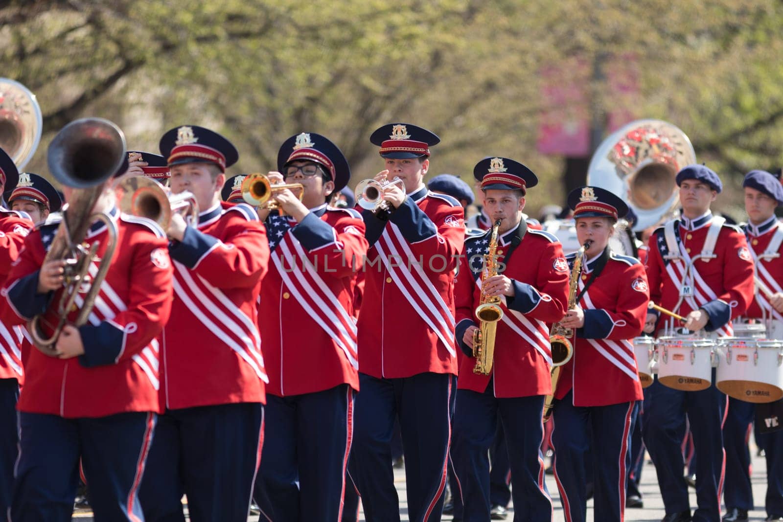 Washington, D.C., USA - April 14, 2018 Austintown Fitch High School Marching Band in the 2018 National Cherry Blossom Parade