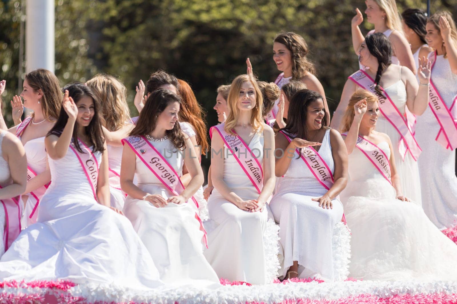 Washington, D.C., USA - April 14, 2018 Cherry Blossom Princesses in the 2018 National Cherry Blossom Parade