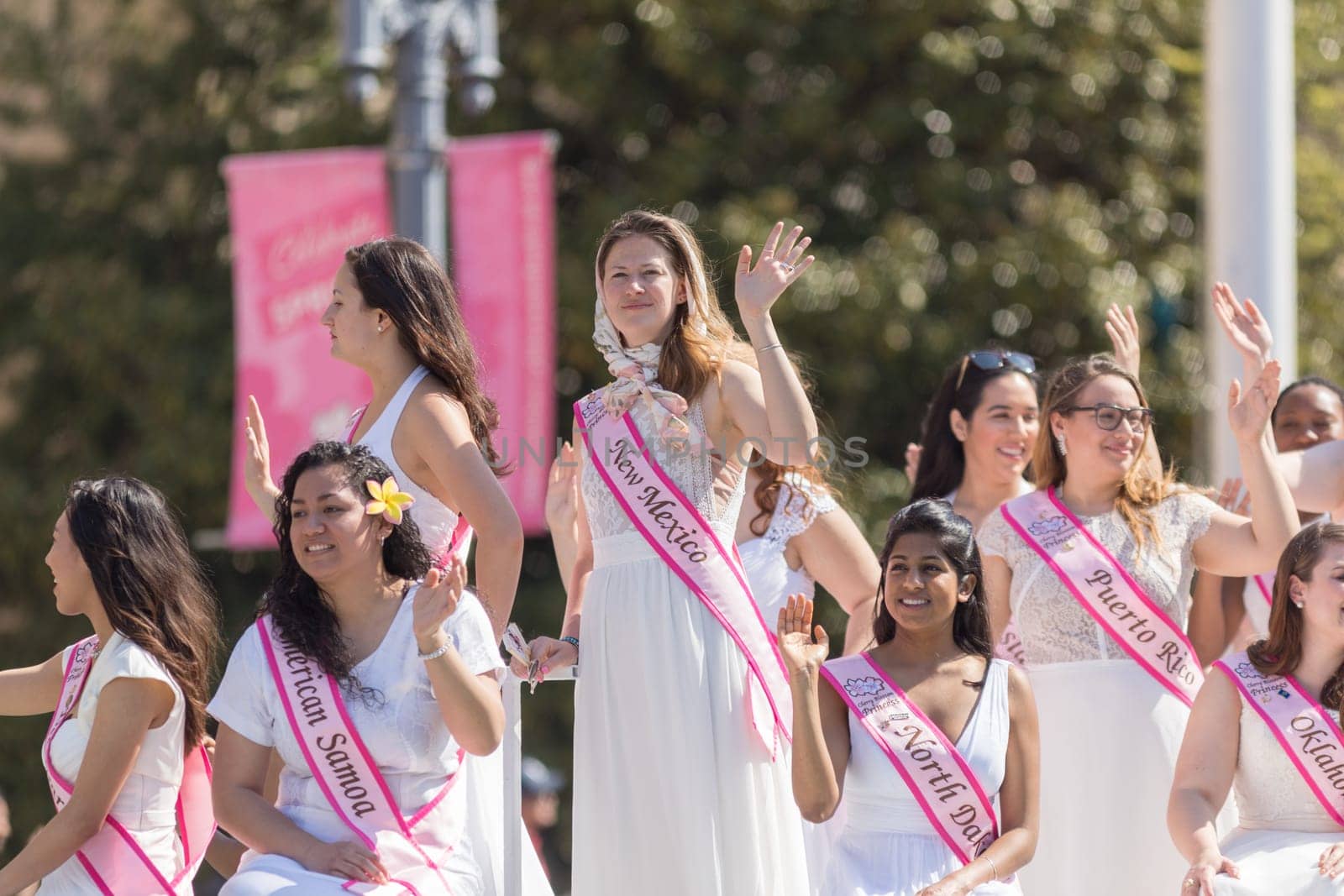 Washington, D.C., USA - April 14, 2018 Cherry Blossom Princesses in the 2018 National Cherry Blossom Parade