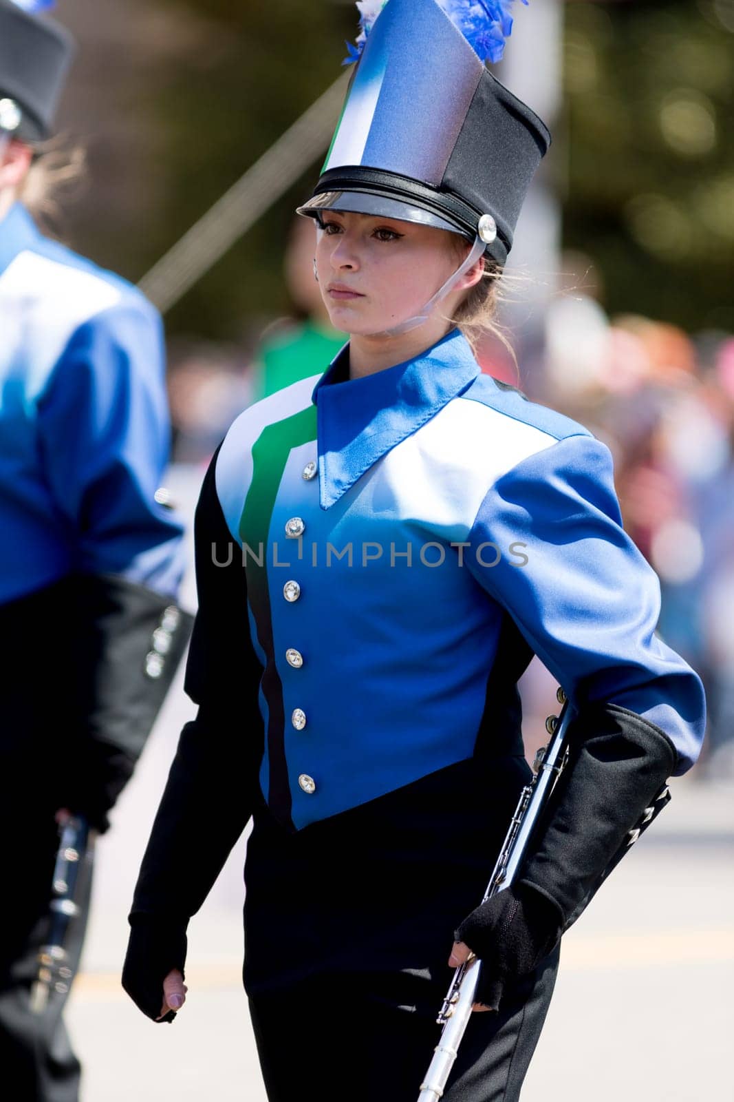 Washington, D.C., USA - April 14, 2018 The Jaguar Pride Marching Band of Blue Springs South High School going down the road in the 2018 National Cherry Blossom Parade