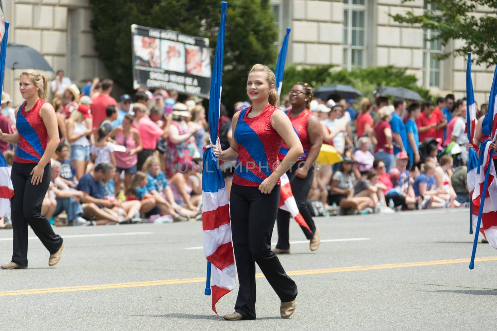 Washington, D.C., USA - July 4, 2017, The National Independence Day Parade is the  Fourth of July Parade in the capital of the United States, it  commemorates the adoption of the Declaration of Independence, only selected schools, and other groups participate.