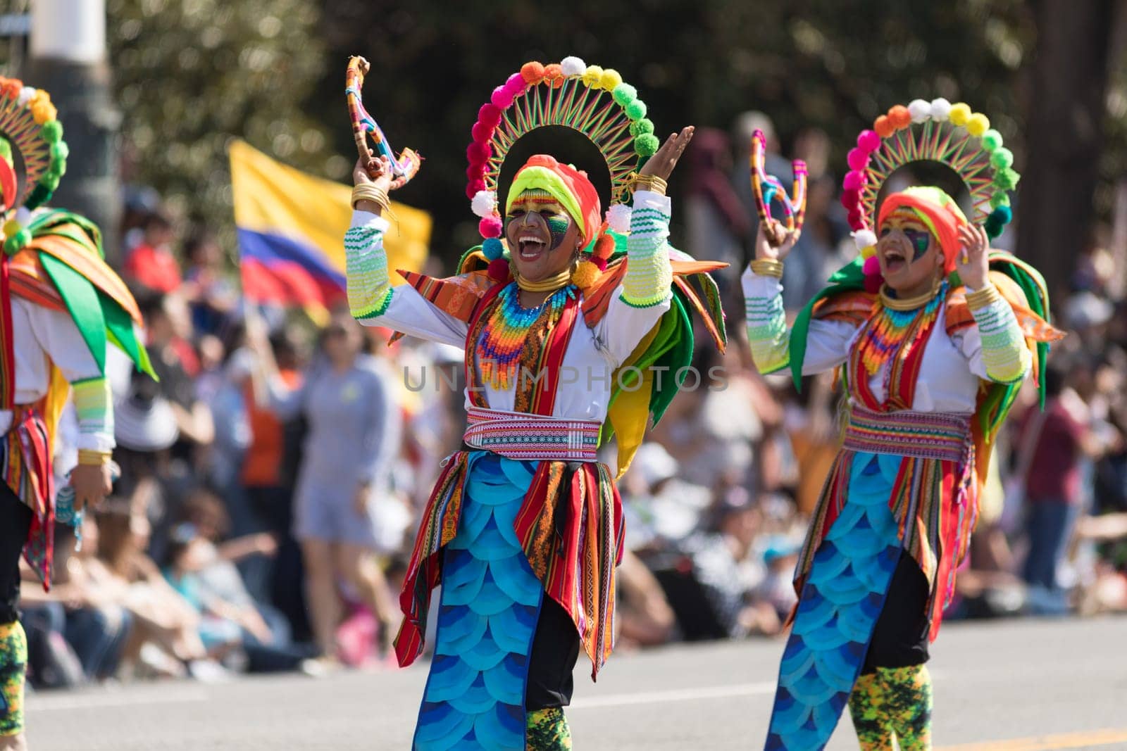 Washington, D.C., USA - April 14, 2018 Members of the Carnival of Pasto Colombia in the 2018 National Cherry Blossom Parade