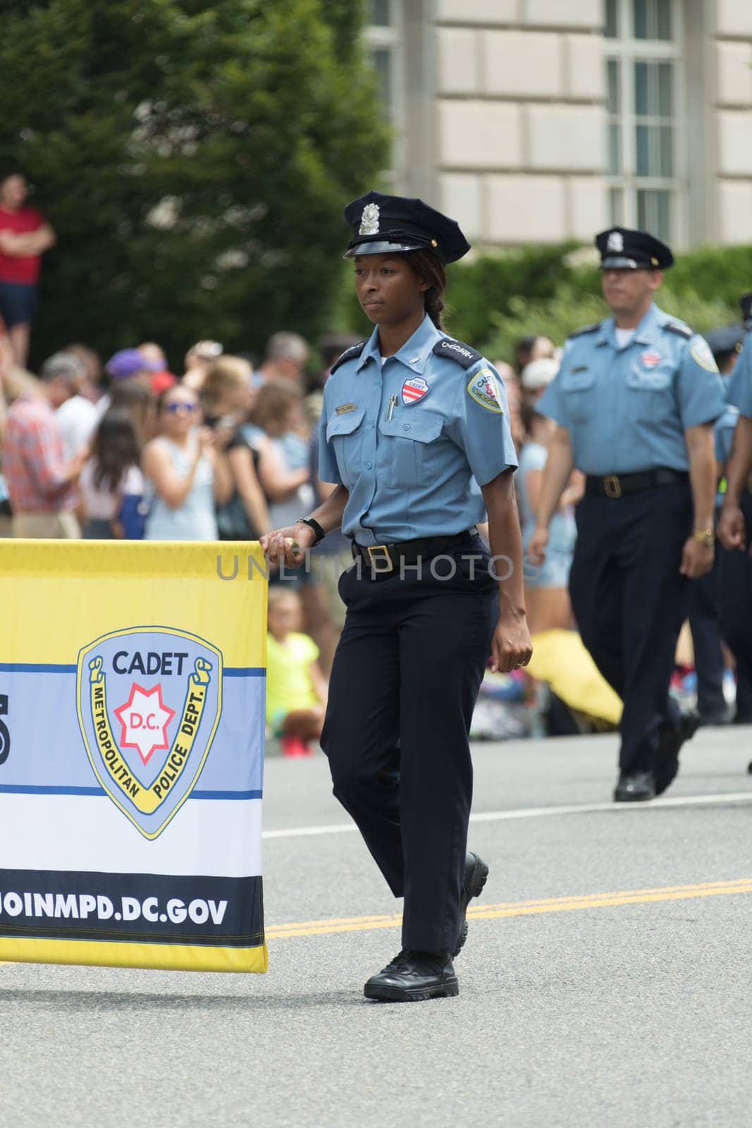 Washington, D.C., USA - July 4, 2017, The National Independence Day Parade is the  Fourth of July Parade in the capital of the United States, it  commemorates the adoption of the Declaration of Independence, only selected schools, and other groups participate.
