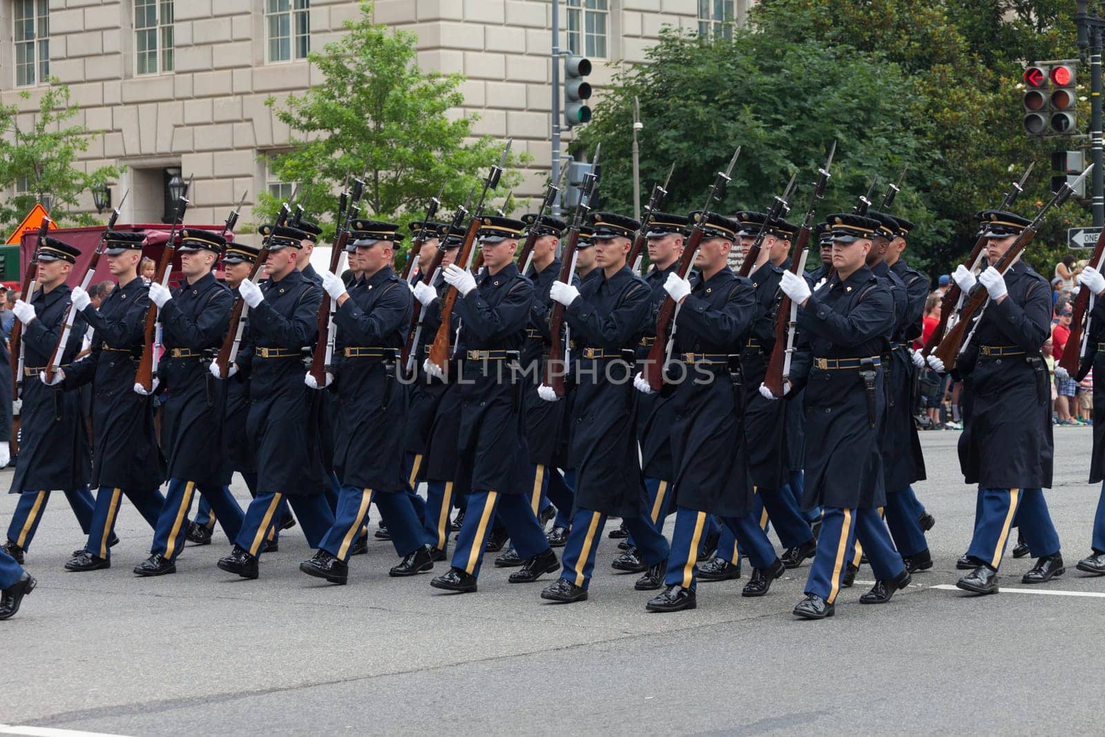 Washington, D.C., USA - July 4, 2015, The National Independence Day Parade is the  Fourth of July Parade in the capital of the United States, it  commemorates the adoption of the Declaration of Independence, only selected schools, and other groups participate.