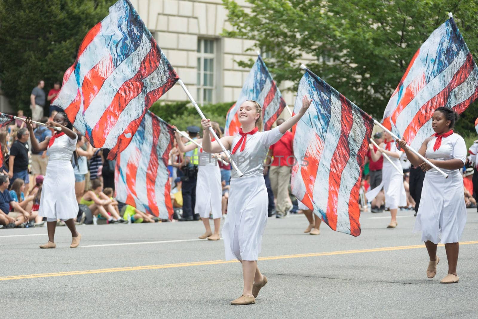 Washington, D.C., USA - July 4, 2017, The National Independence Day Parade is the  Fourth of July Parade in the capital of the United States, it  commemorates the adoption of the Declaration of Independence, only selected schools, and other groups participate.