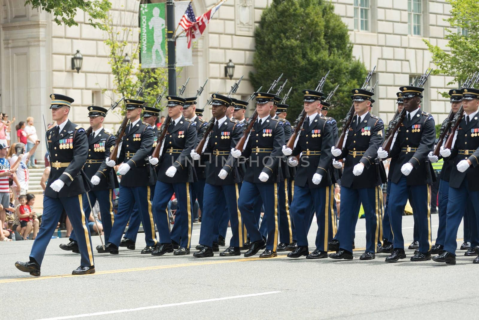Washington, D.C., USA - July 4, 2017, The National Independence Day Parade is the  Fourth of July Parade in the capital of the United States, it  commemorates the adoption of the Declaration of Independence, only selected schools, and other groups participate.
