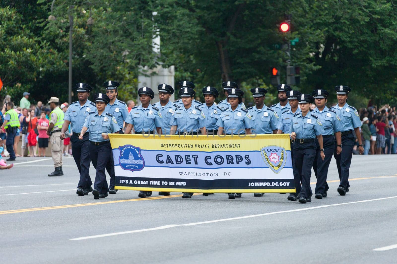Washington, D.C., USA - July 4, 2016, The National Independence Day Parade is the  Fourth of July Parade in the capital of the United States, it  commemorates the adoption of the Declaration of Independence, only selected schools, and other groups participate.