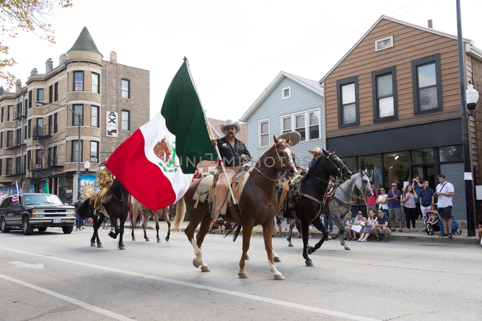 Chicago, Illinois, USA - September 16, 2017 - The Pilsen Mexican Independence Day Parade commemorates the Mexican Independence It features traditional folkloric, equestrian and Aztec dancing.