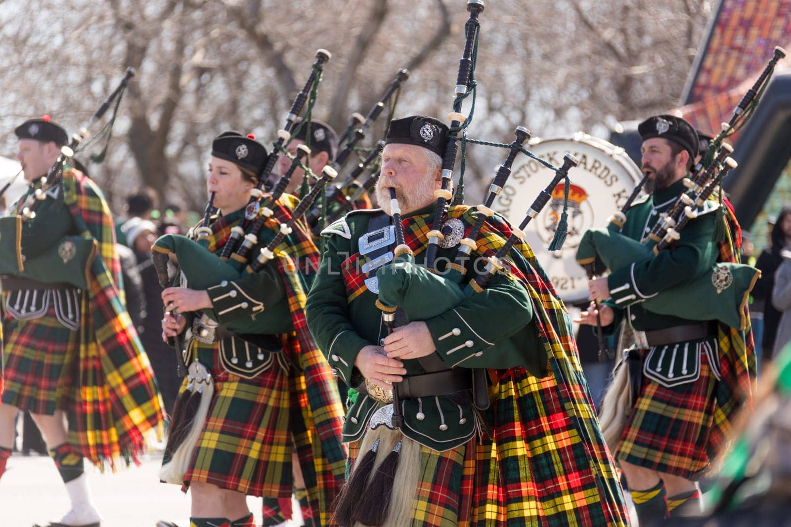 Chicago, Illinois, USA - March 17, 2018, The St. Patrick's Day Parade is a cultural and religious celebration from Ireland in honor of  Saint Patrick.