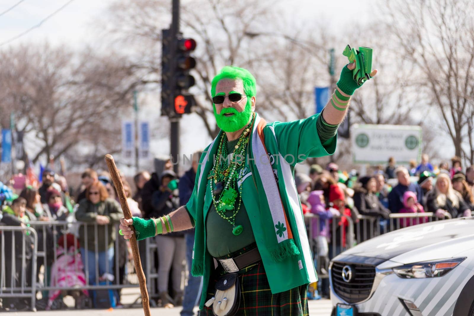Chicago, Illinois, USA - March 17, 2018, The St. Patrick's Day Parade is a cultural and religious celebration from Ireland in honor of  Saint Patrick.