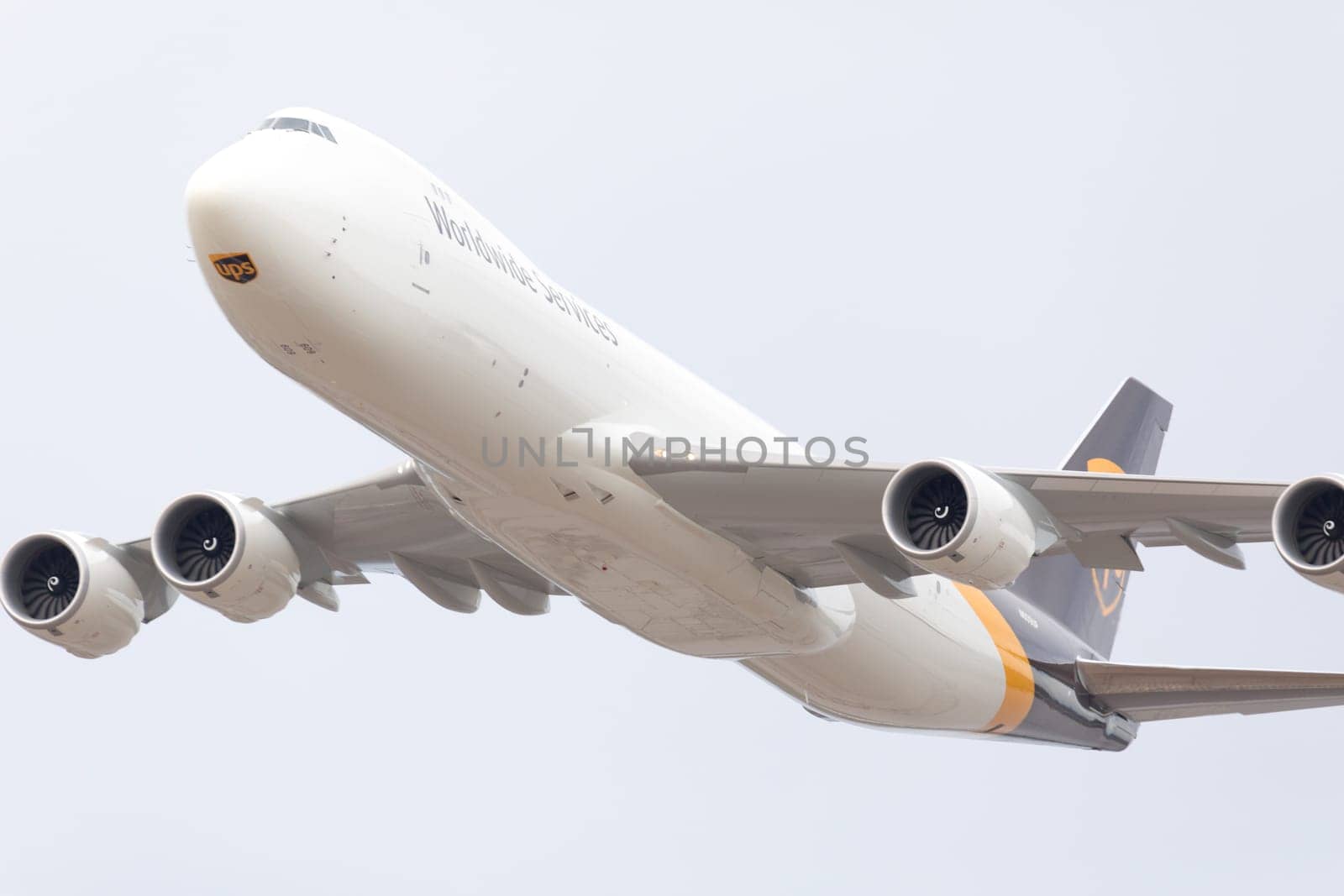 Louisville, Kentucky, USA - April 21, 2018 747-8 UPS cargo aircraft does a fly by at the Thunder Over Louisville