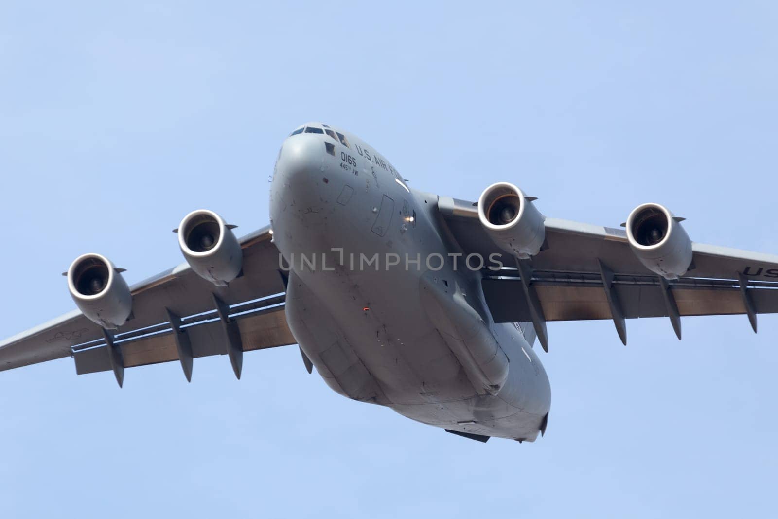 Louisville, Kentucky, USA - April 21, 2018 C-17 Globemaster cargo plane flying by at the Thunder Over Louisville