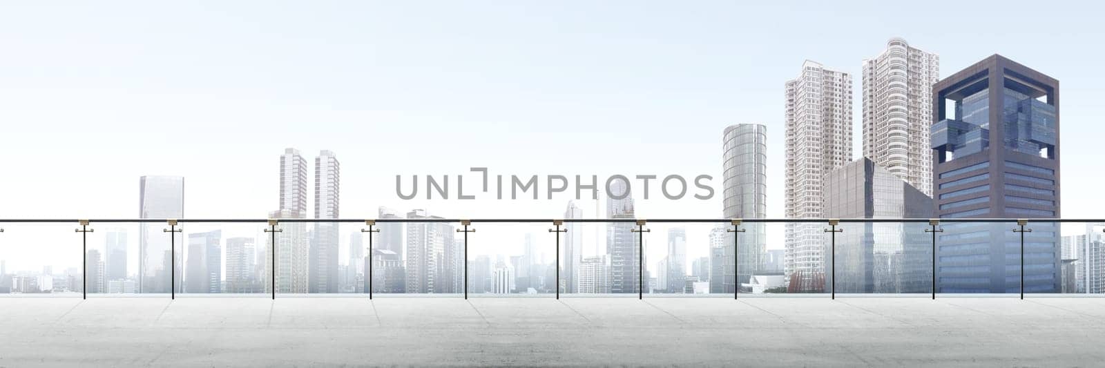 Empty modern terrace area with city view over sky background