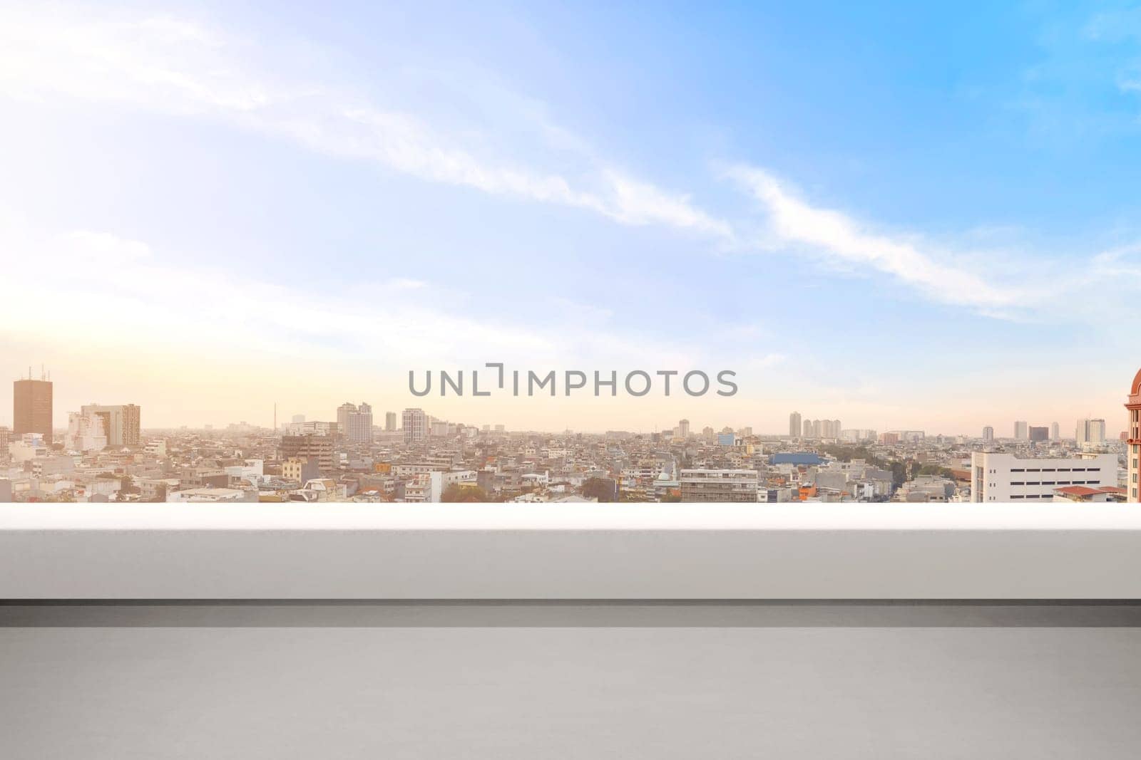 Empty balcony with modern cityscapes and blue sky background. Jakarta, Indonesia.
