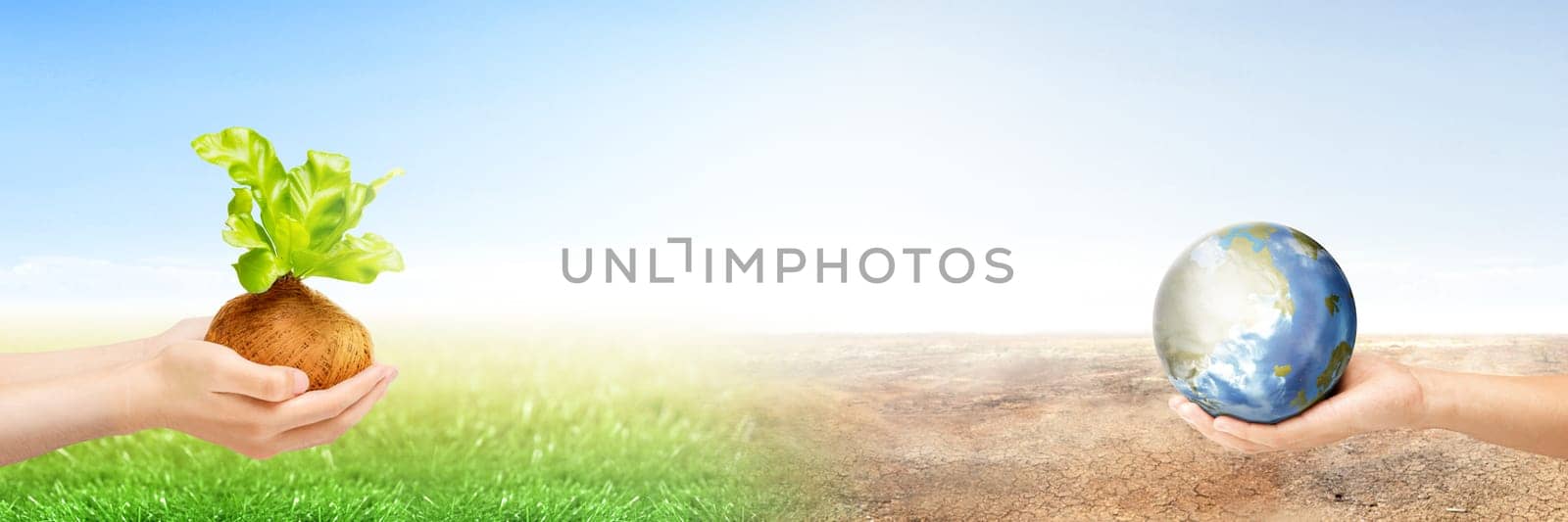 Two human hands holding young plant in the pots with green grass and earth planet on the dry land with blue sky background. Earth day concept