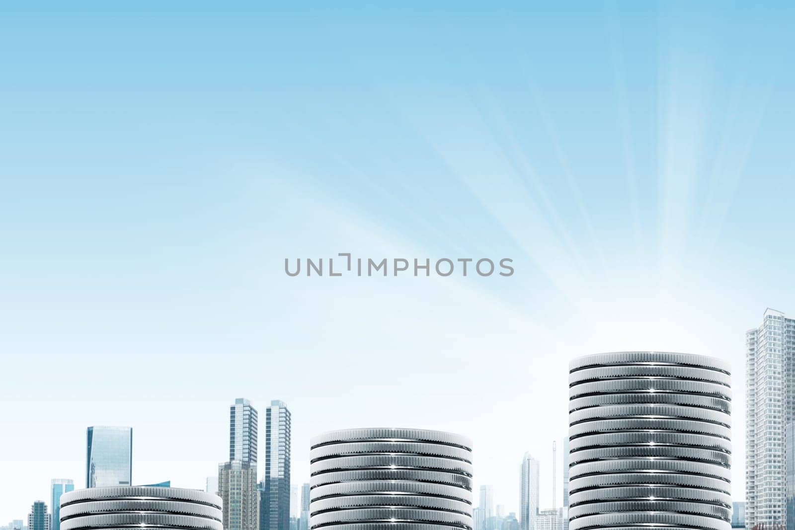 Stack of silver coins with stairs pattern over skyscrapers background