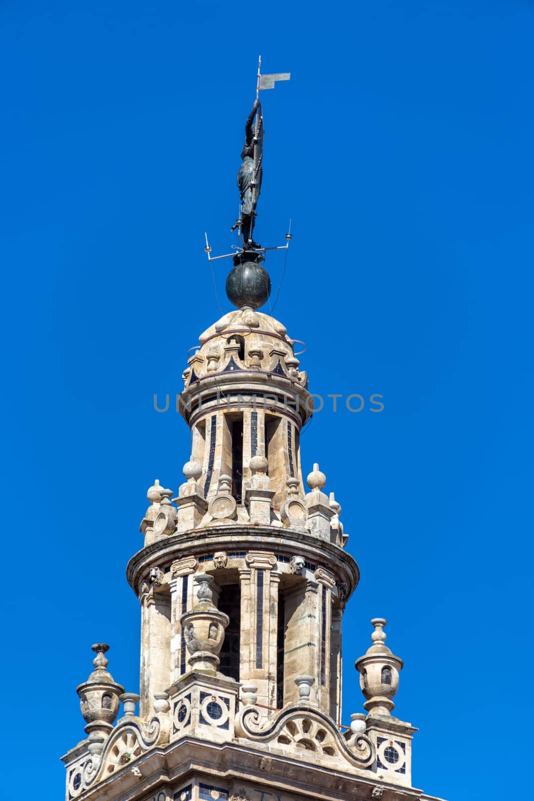 Closeup view of La Giralda bell tower on the cathedral in Seville, Spain