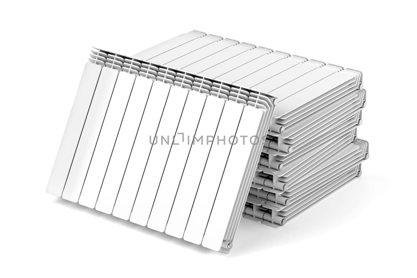 Stack with aluminum heating radiators on white background