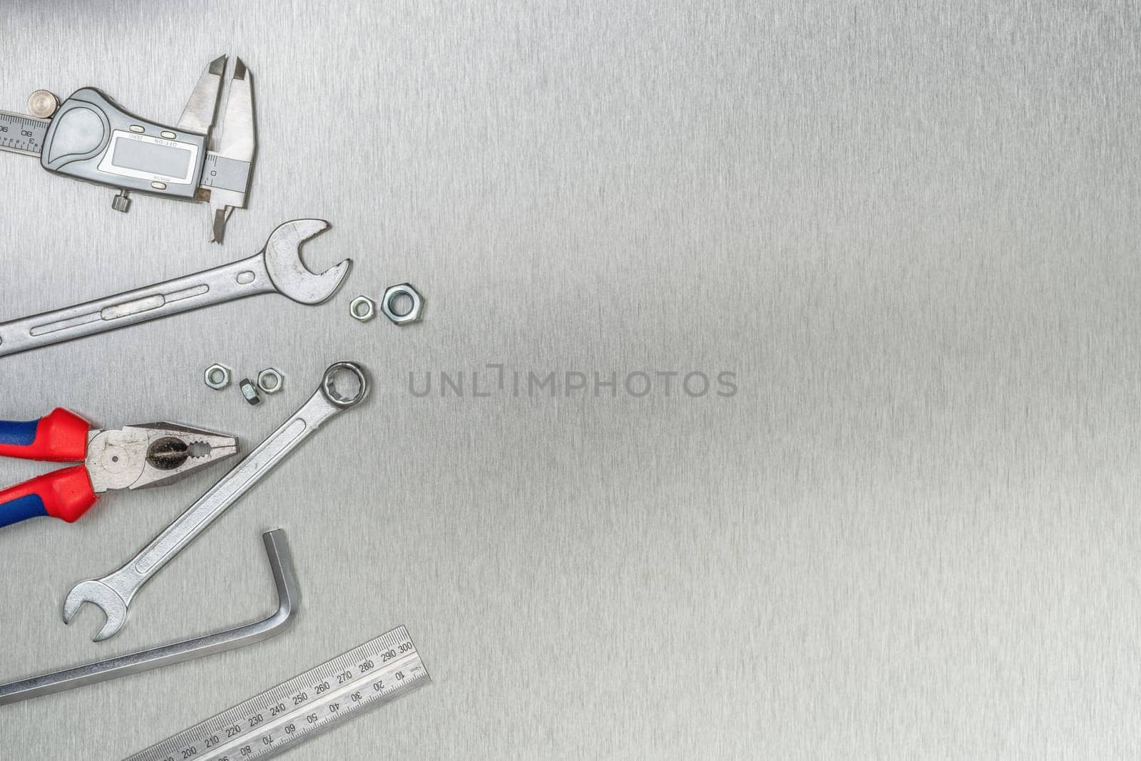 Tools on a metal background with copy space