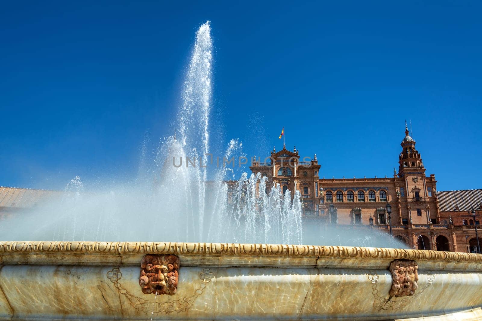 Details of the fountain in the Plaza de Espana in historic Seville, Spain