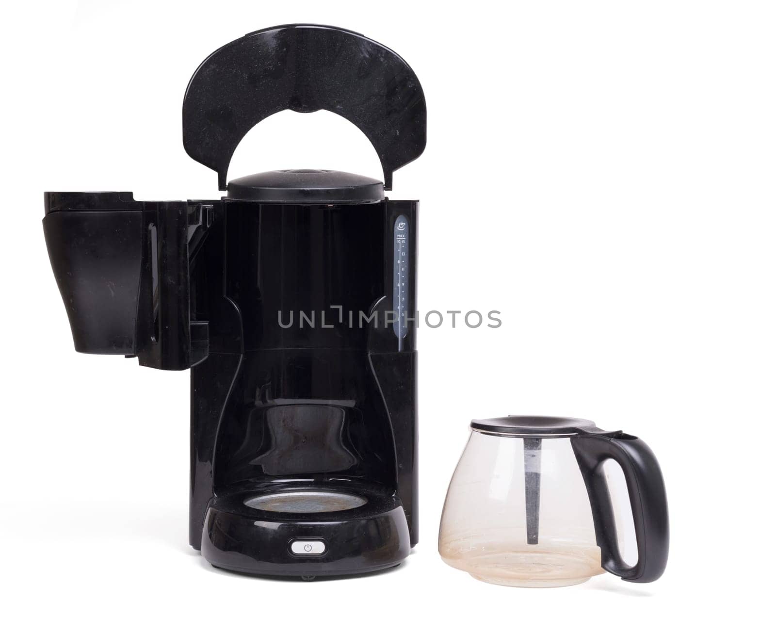 Old dirty coffee machine, isolated on a white background