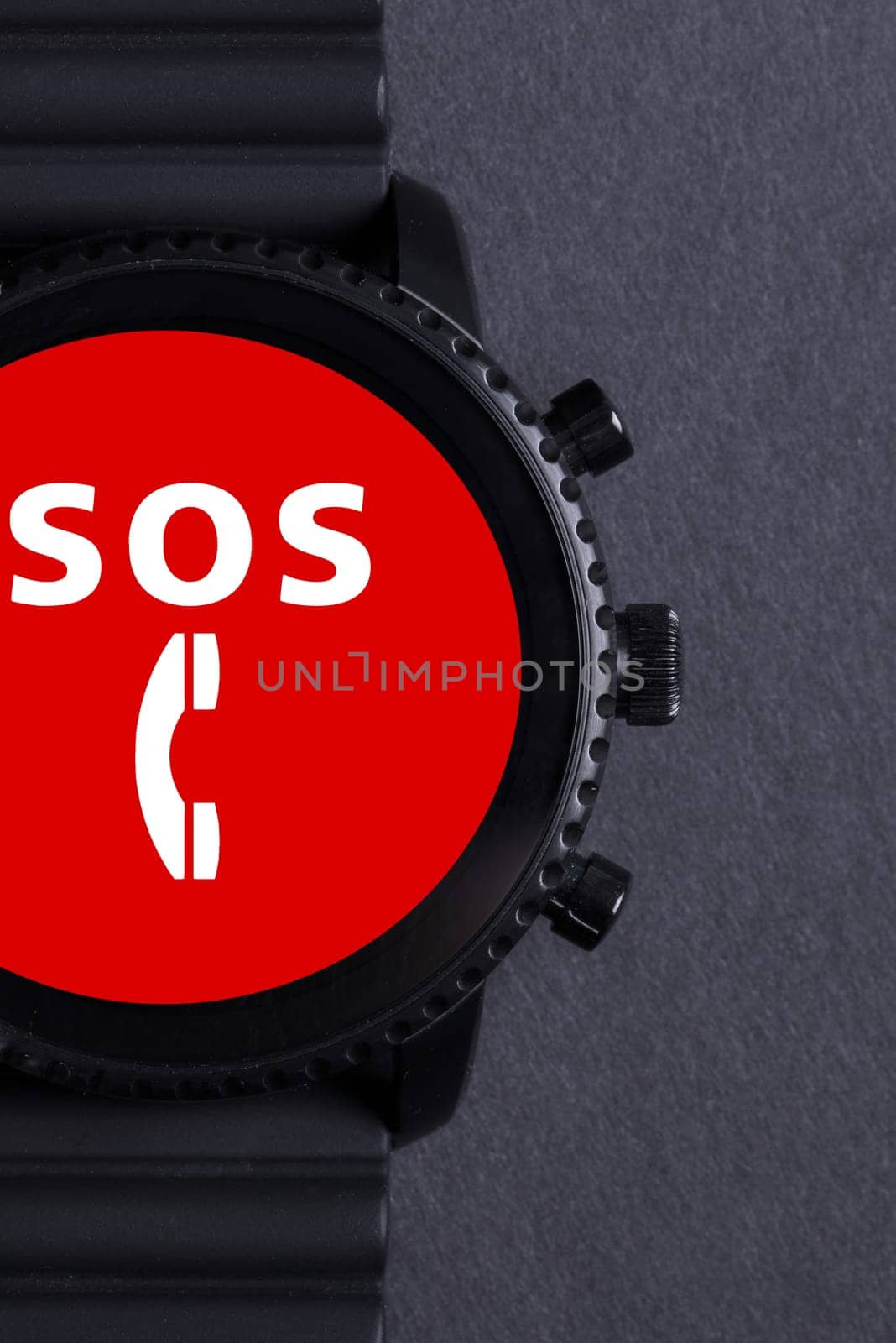 Black smartwatch isolated on a black background, SOS